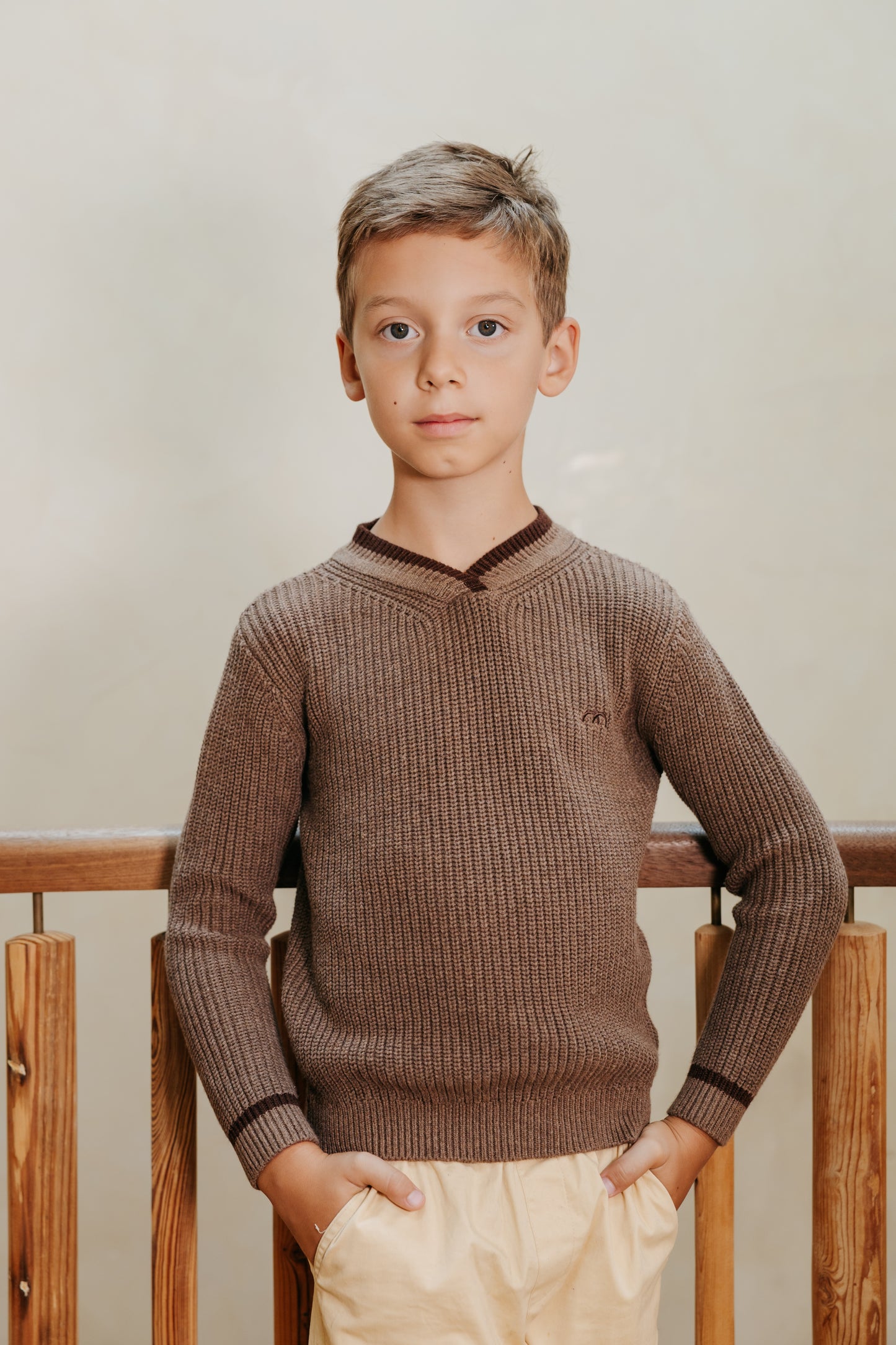 NUMU MOCHA STRIPED V-NECK SWEATER