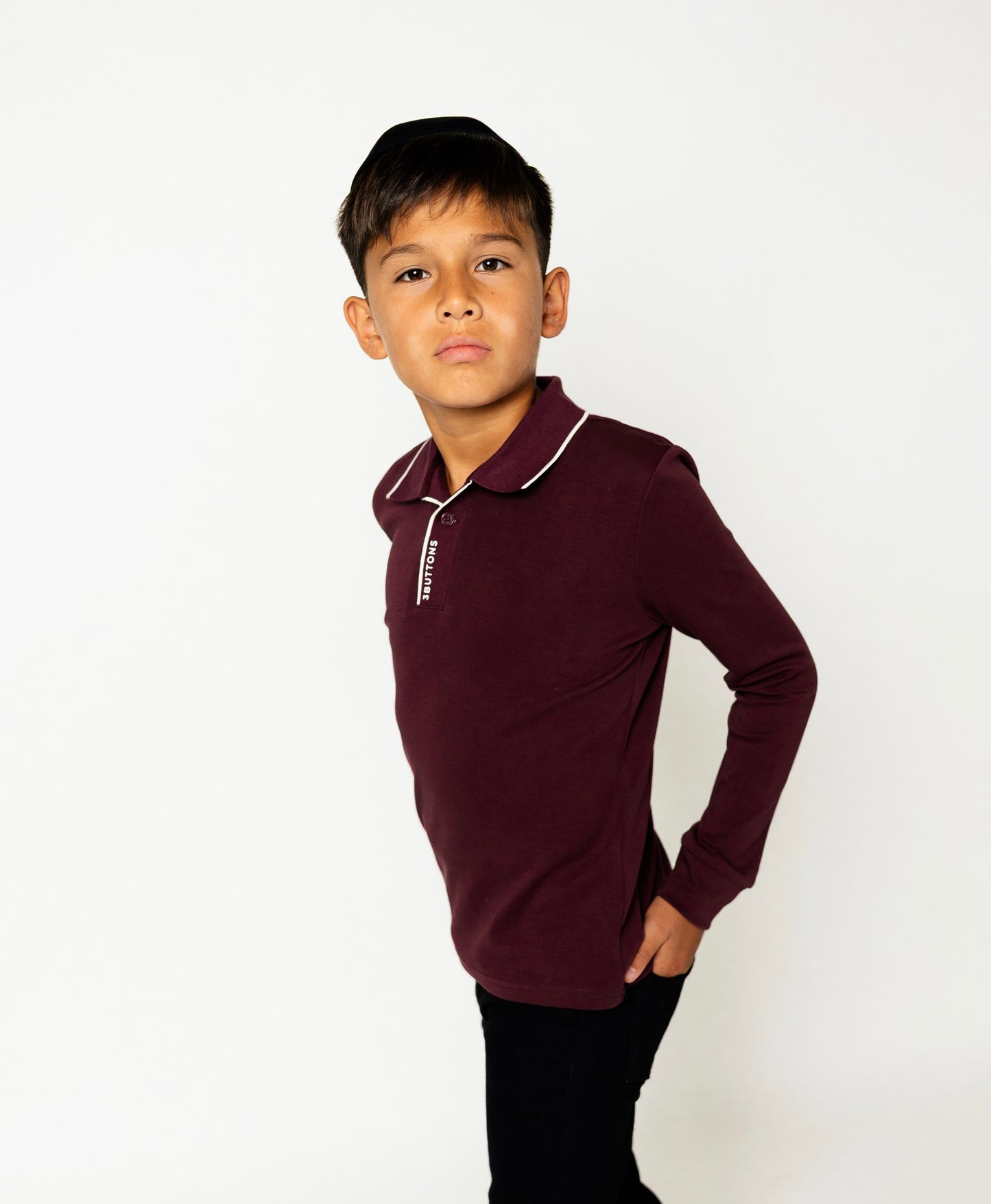 3 BUTTONS BURGUNDY/CREAM STRIPE TRIM POLO