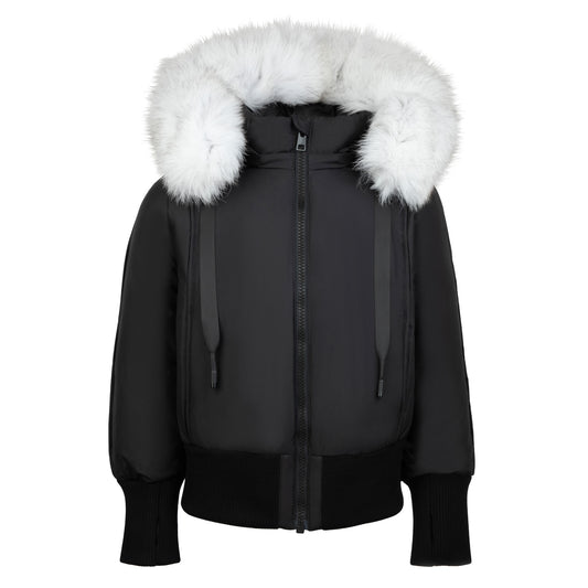 PRAMIE BLACK/WHITE FUR RIBBON TRIM BOMBER COAT