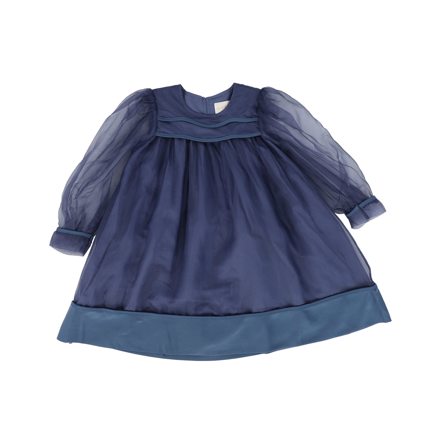 PETITE AMALIE NAVY ORGANZA SATIN HEM DRESS