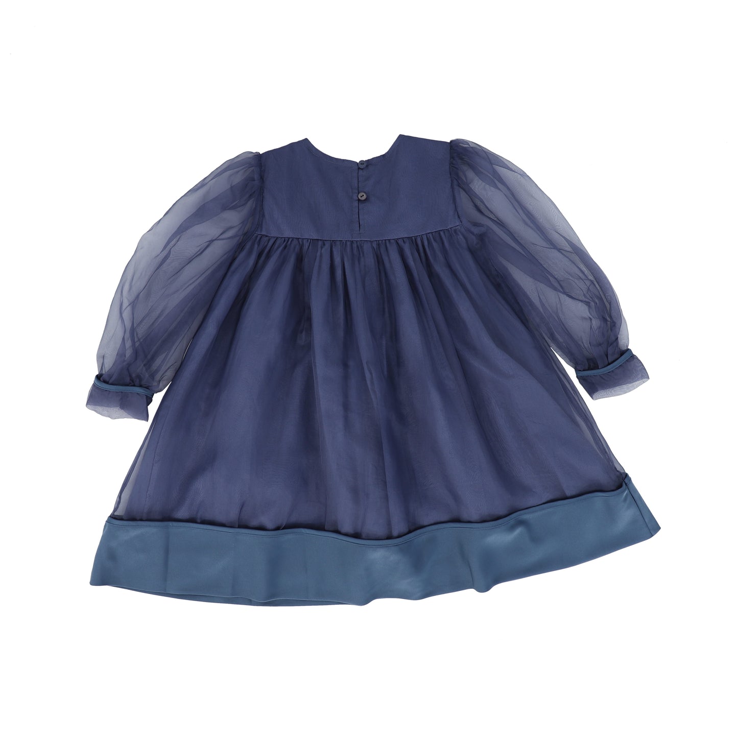 PETITE AMALIE NAVY ORGANZA SATIN HEM DRESS