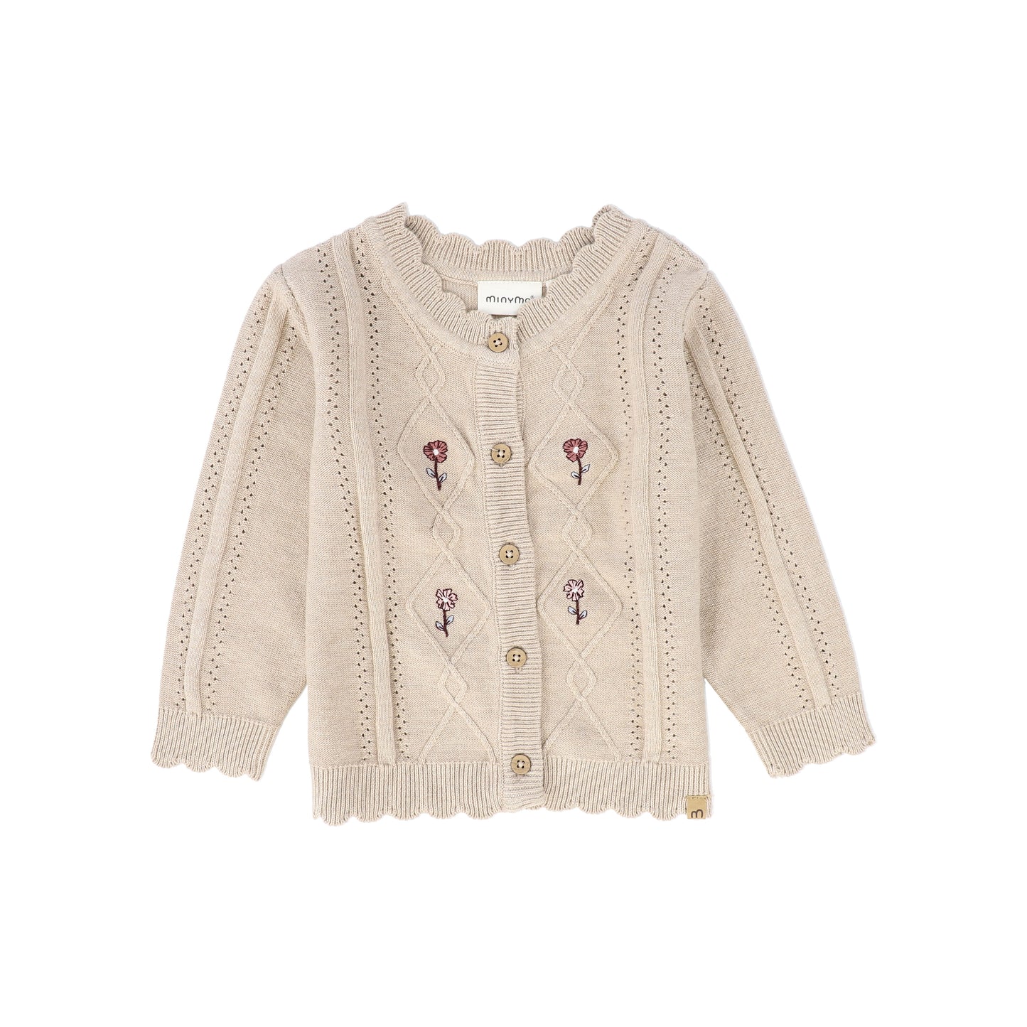 MINYMO BEIGE FLOWER EMBROIDERED KNIT CARDIGAN