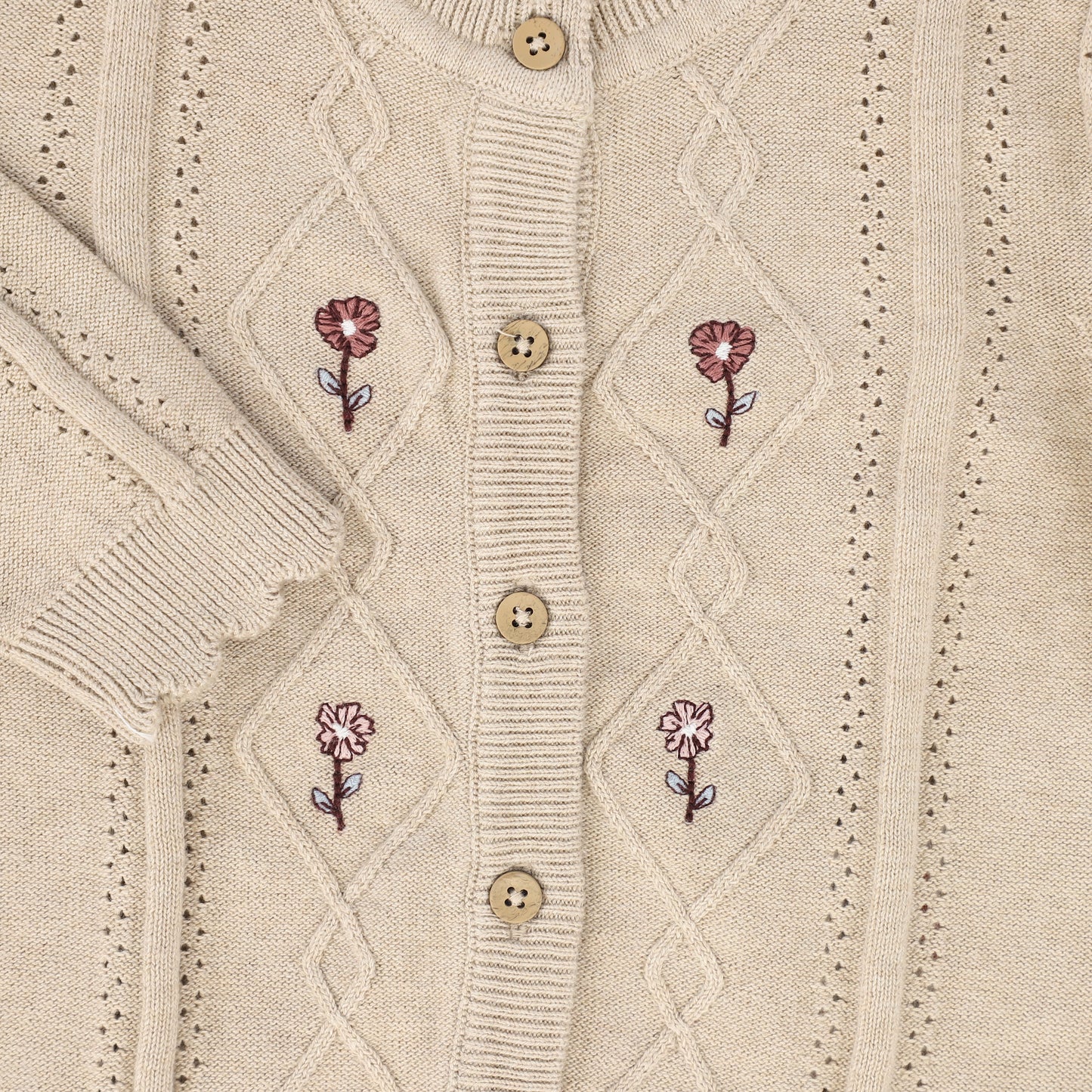 MINYMO BEIGE FLOWER EMBROIDERED KNIT CARDIGAN
