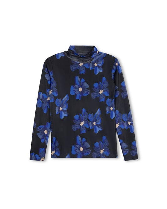 TUSTELLO NAVY WATERCOLOR FLOWER MESH TURTLENECK