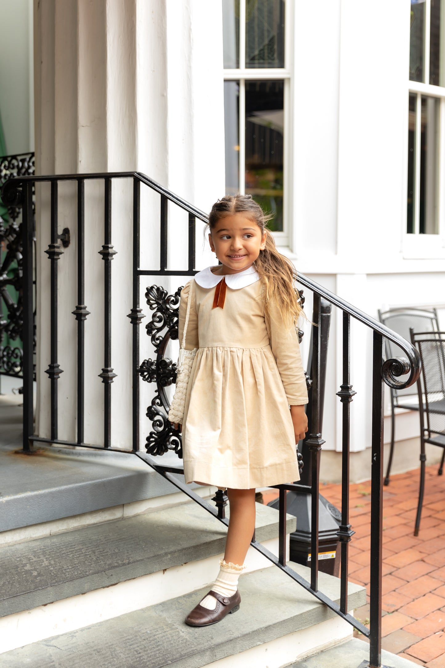 NOUNELLE TAN VELOUR PETER PAN COLLAR TIE DRESS