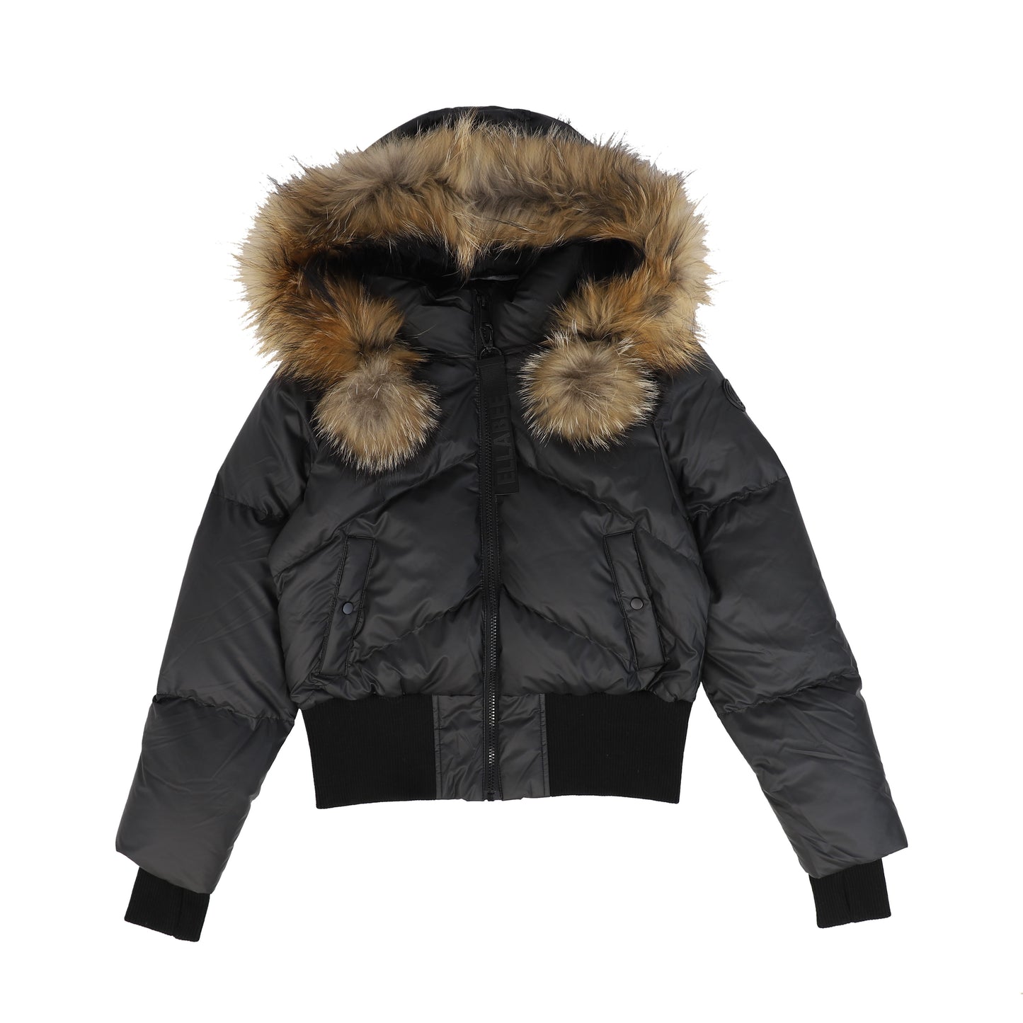 ELLABEE BLACK WITH NATURAL FUR POMPOM COAT