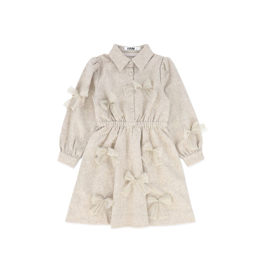 LILOU OATMEAL SCATTERED BOW APPLIQUE DRESS