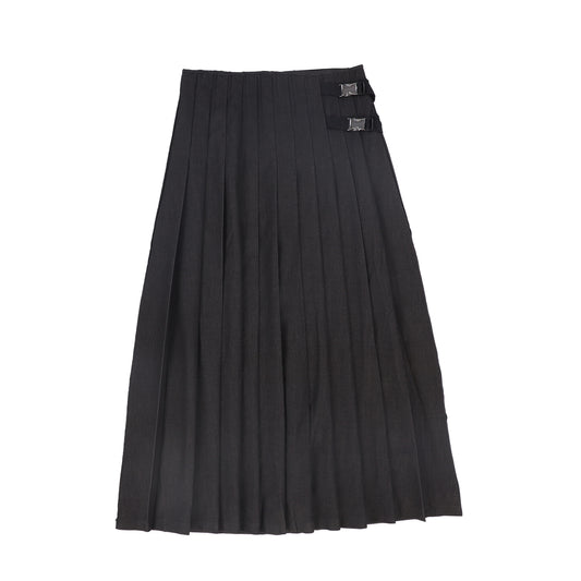 VALENTINA BLACK DENIM PLEATED BUCKLE MIDI SKIRT