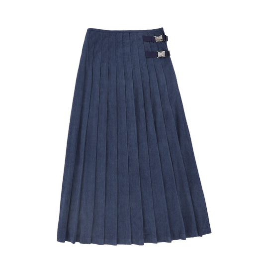 VALENTINA NAVY PLEATED BUCKLE MIDI SKIRT