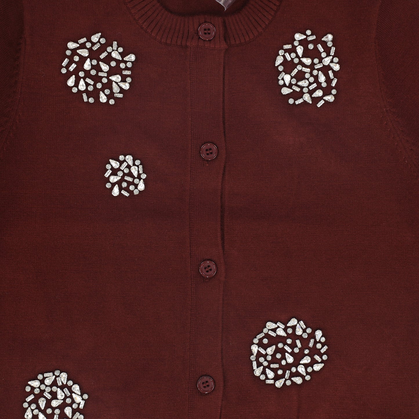 TUSTELLO BURGUNDY SCATTERED RHINESTONE CARDIGAN