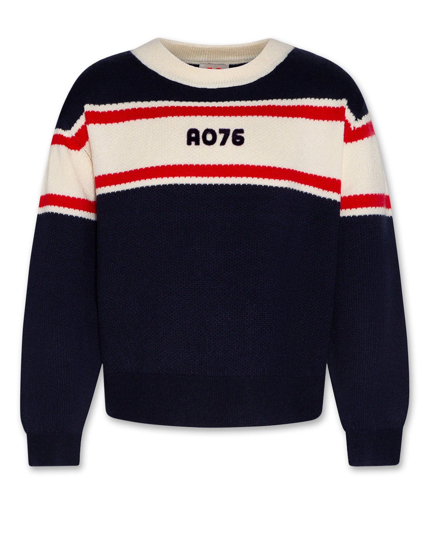 AO76 NAVY VARSITY PRINT KNIT SWEATER