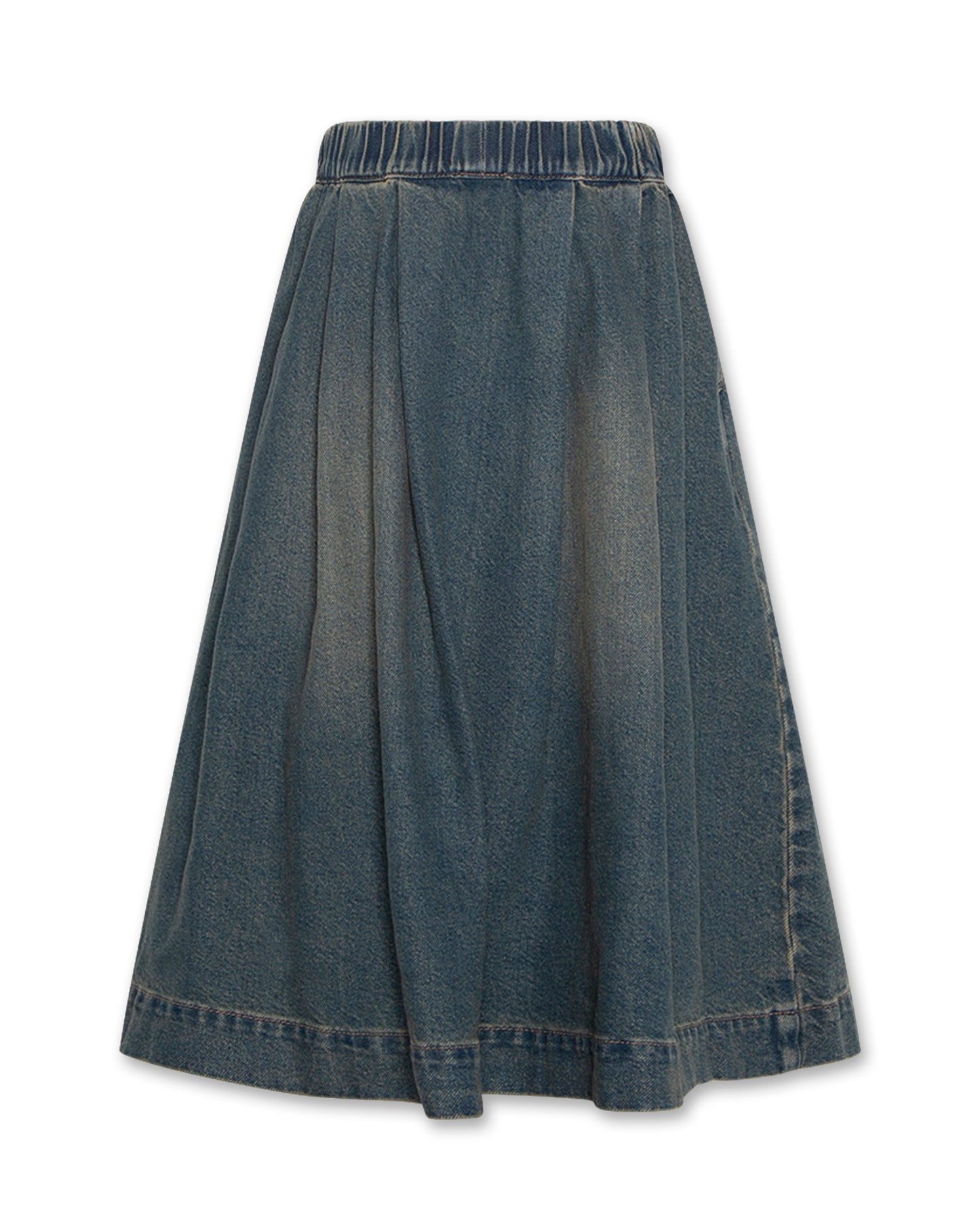 AO76 BLUE DENIM WASH A-LINE MIDI SKIRT