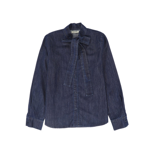 VALENTINA MID BLUE DENIM TIE NECK BLOUSE