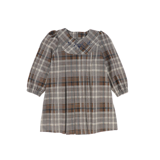 ONE CHILD GREY/BROWN WOOL PLAID PLEAT DRESS
