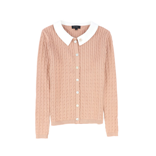 BAMBOO PINK CABLE KNIT COLLAR CARDIGAN