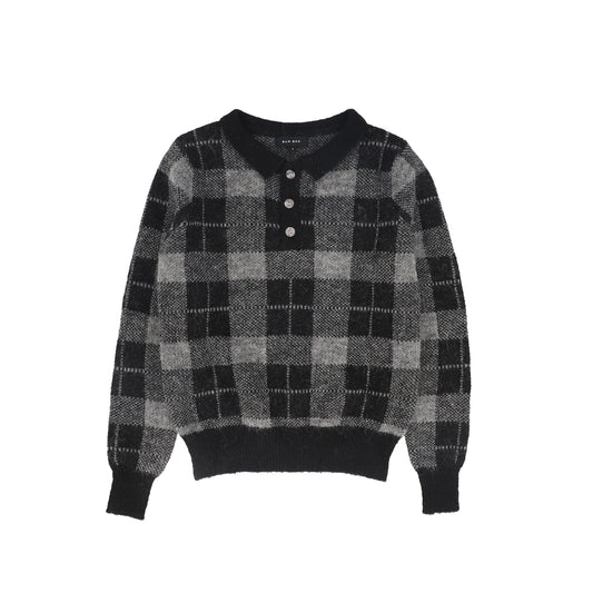 BAMBOO BLACK/CHARCOAL PLAID KNIT COLLAR SWEATER