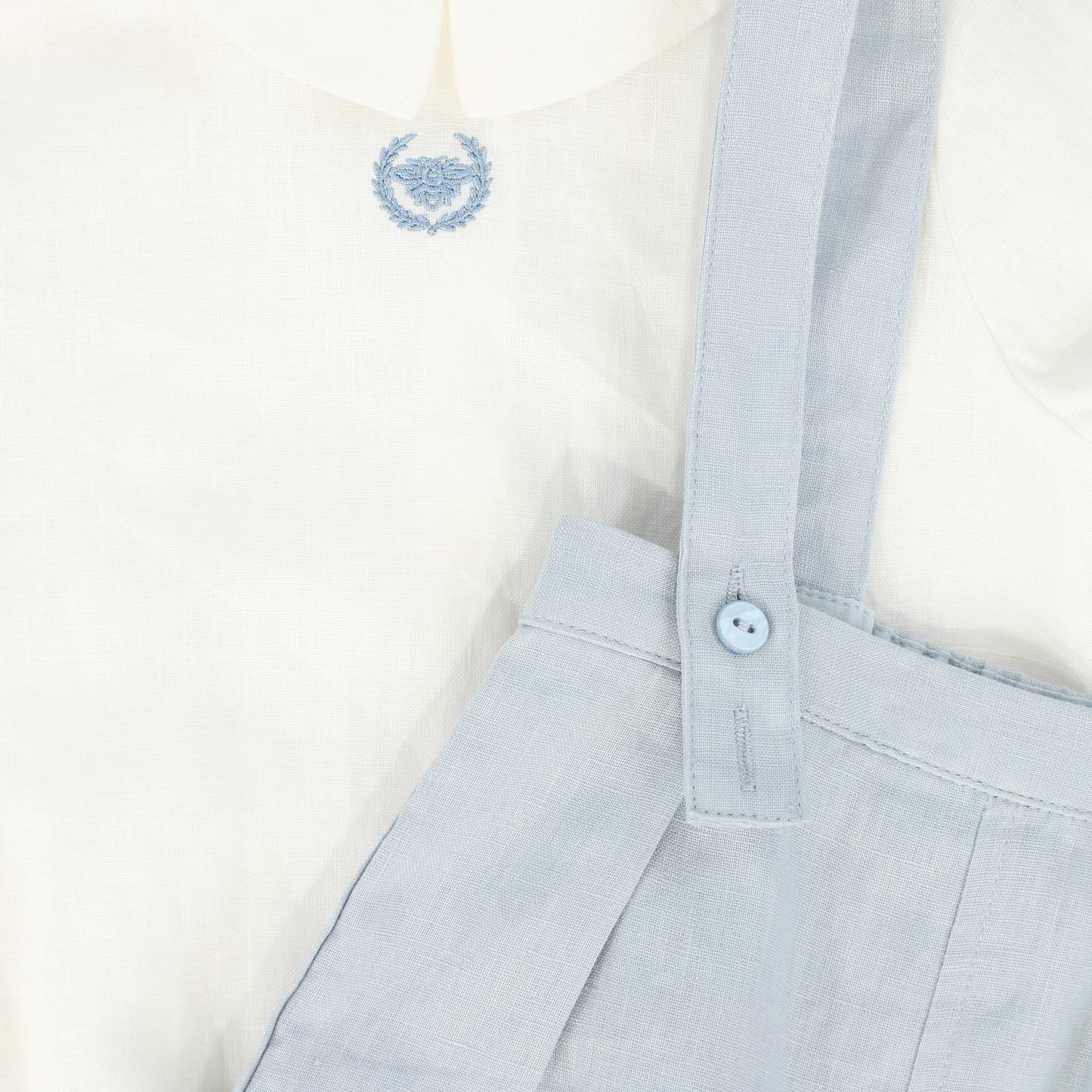 LE BOURDON WHITE/BLUE LINEN BUBBLE OVERALLS SET