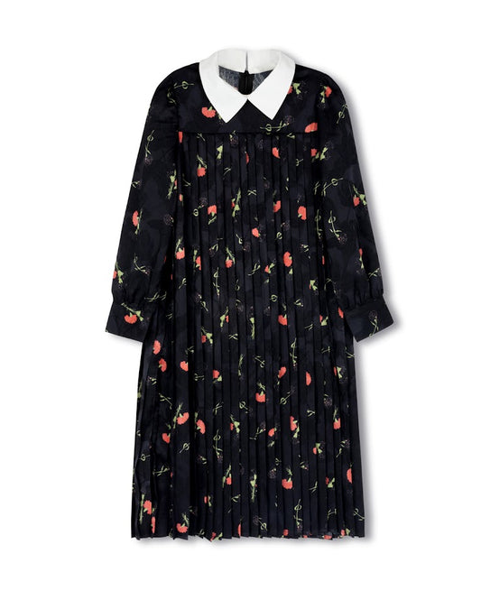 MINIMAL BLACK FLORAL PLEATED COLLAR DRESS