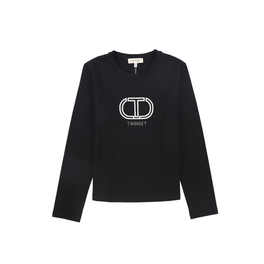 TWINSET BLACK EMBROIDERED LOGO T-SHIRT