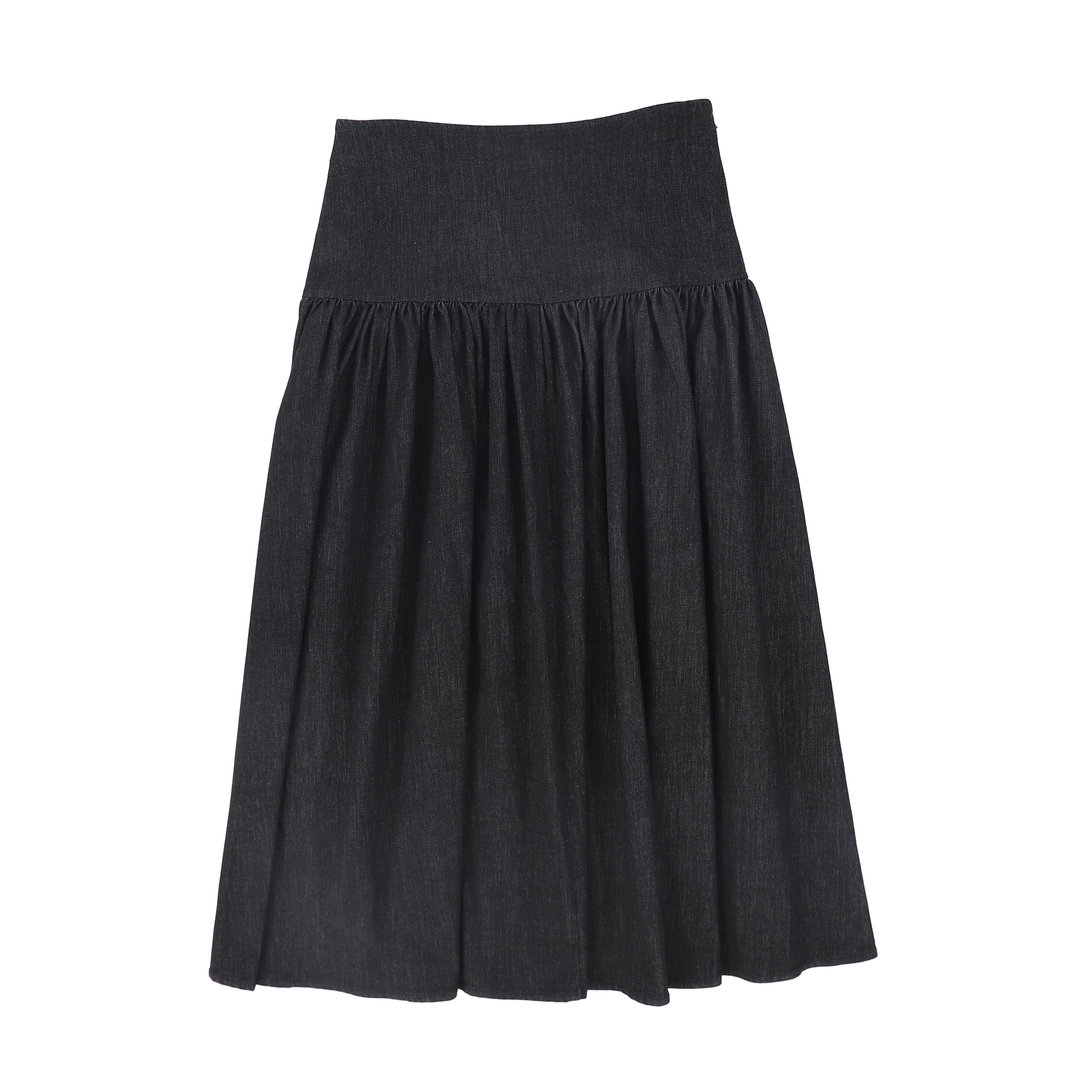 VALENTINA BLACK DENIM DROP WAIST PLEATED MAXI SKIRT [FINAL SALE