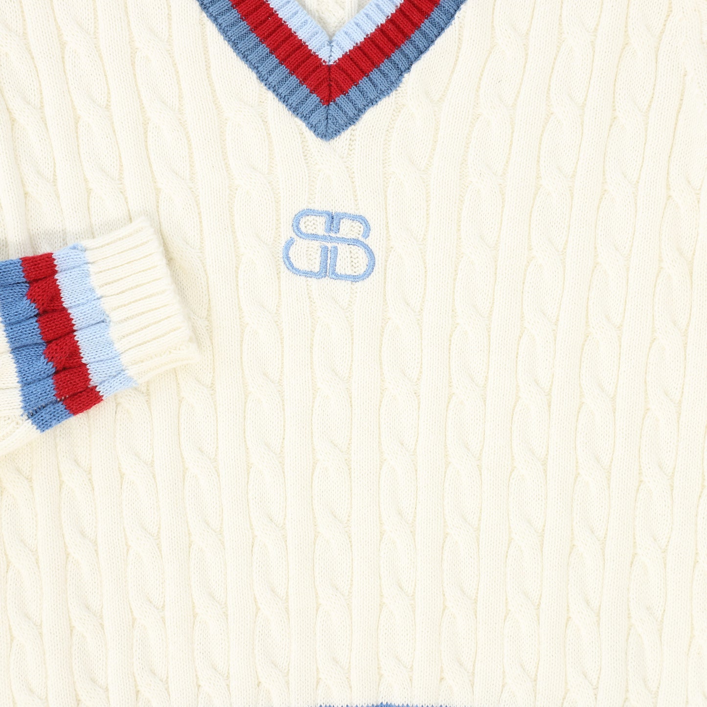 BAMBOO IVORY CABLE KNIT V NECK TRIM LS SWEATER