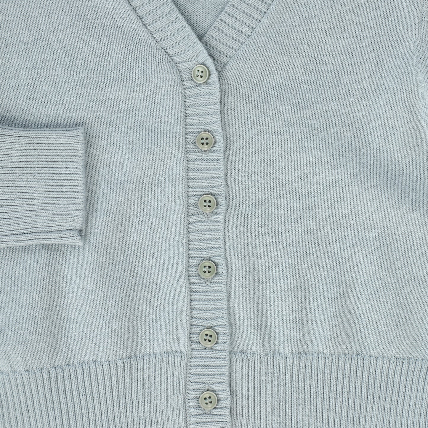 LE BOURDON DUSTY BLUE V-NECK FINE KNIT RIBBED TRIM CARDIGAN