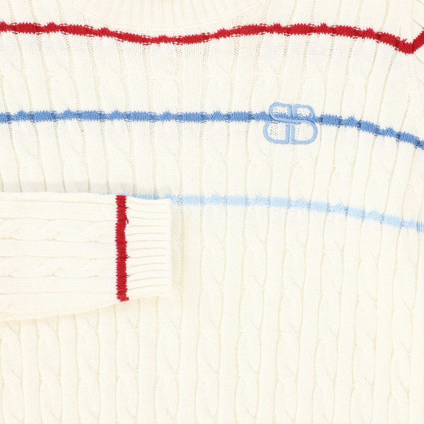 BAMBOO IVORY STRIPED CABLE KNIT LS SWEATER