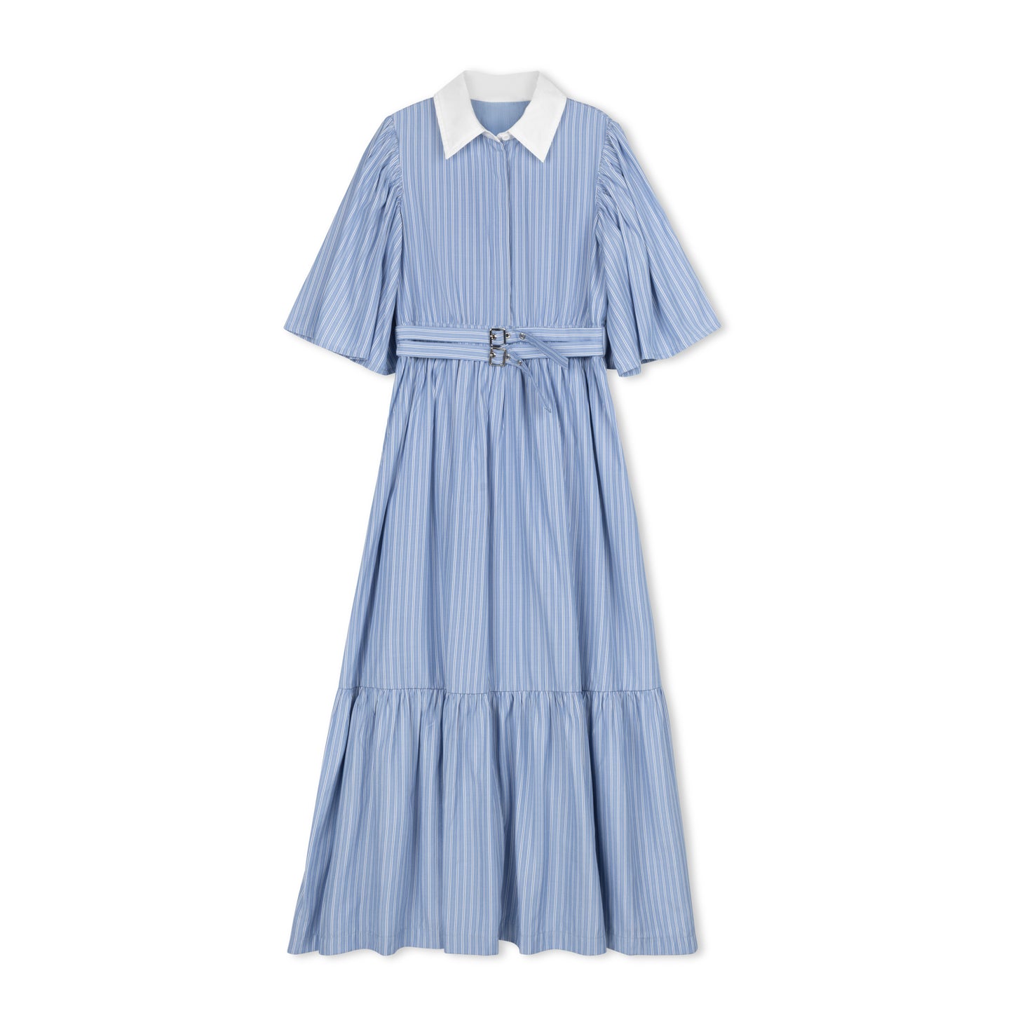DAINTTI COLLECTION BLUE STRIPED BELTED MIDI DRESS