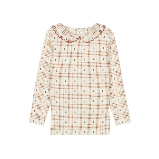 ELY'S & CO IVORY/RUST FLORAL PLAID RUFFLE TRIM T-SHIRT