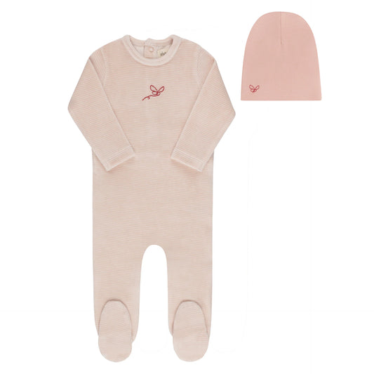ELY'S & CO LIGHT PINK VELOUR STRIPE FOOTIE + BEANIE