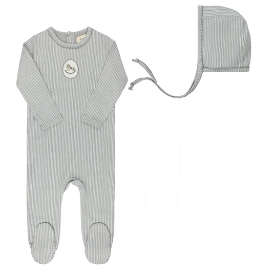 AURORA BLUE ROCKING HORSE FOOTIE + BONNET