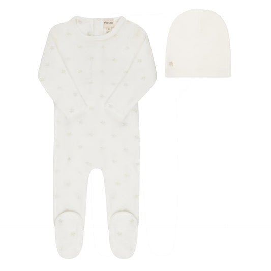 ELY'S & CO IVORY/ GIRL VELOUR EMBROIDERED FLORAL FOOTIE + BEANIE