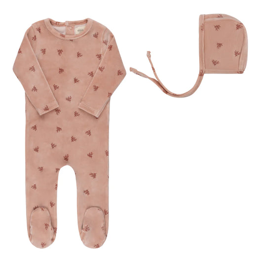 ELY'S & CO PINK VELOUR LEAF PATTERN FOOTIE + BONNET