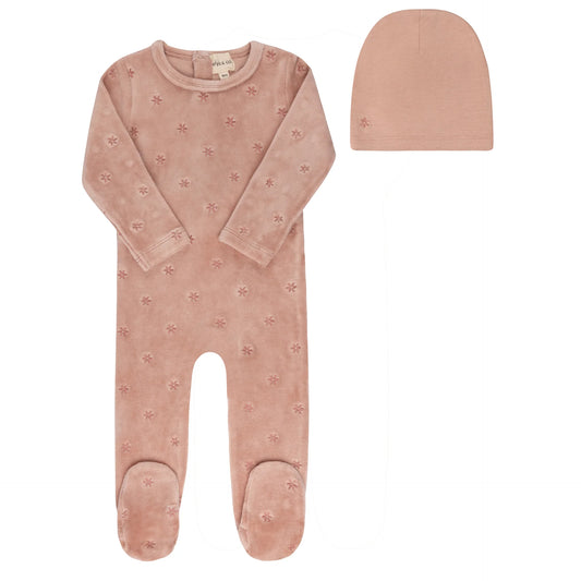 ELY'S & CO PINK VELOUR EMBROIDERED FLORAL FOOTIE + BEANIE