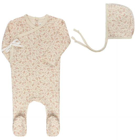ELY'S & CO IVORY/PINK VINE FOOTIE + BONNET