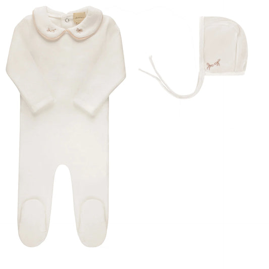 AURORA IVORY/PINK EMBROIDERED VELOUR COLLAR FOOTIE + BONNET