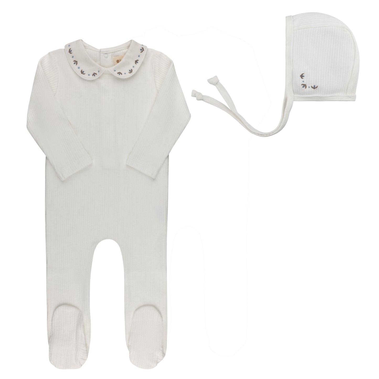 LOOMS IVORY/BLUE EMBROIDERED TRIM FOOTIE + BONNET