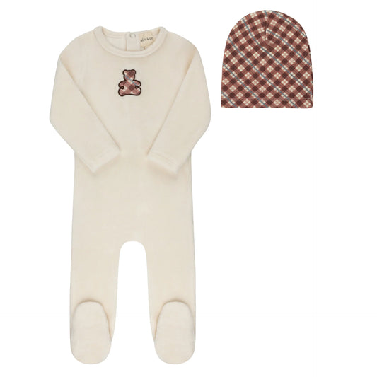 ELY'S & CO IVORY/PINK VELOUR PLAID BEAR FOOTIE + BEANIE