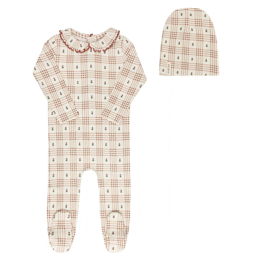 ELY'S & CO IVORY/RUST FLORAL PLAID FOOTIE + BEANIE
