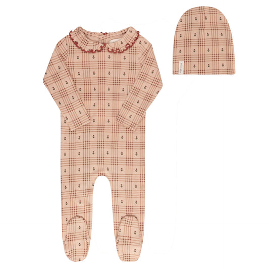 ELY'S & CO PEACH FLORAL PLAID FOOTIE + BEANIE