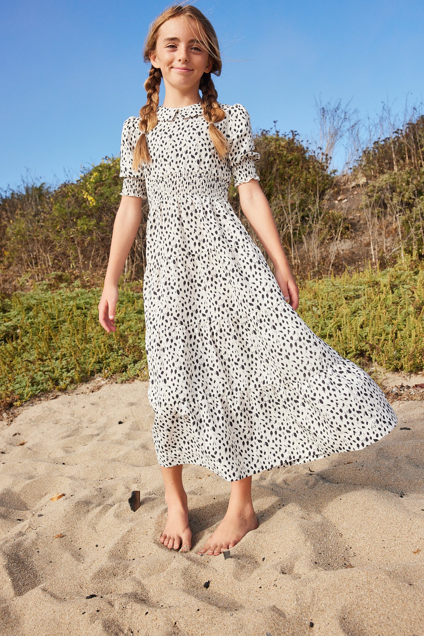 PASHMINI BLACK/WHITE DOTTED SMOCK WAIST MAXI DRESS