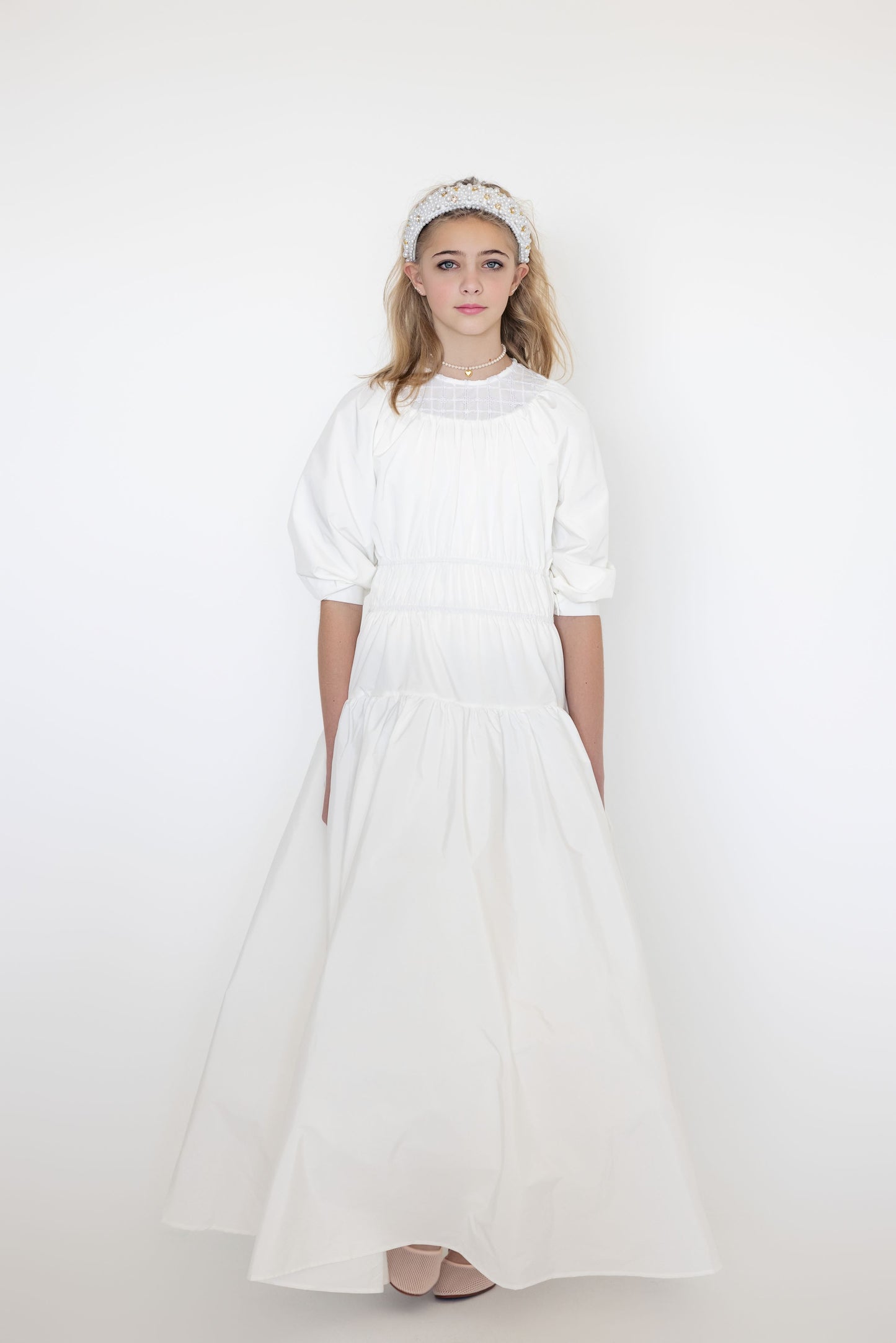 LITTLE TEMPEST WHITE GATHERED TAFFETA PUFF SLEEVE GOWN