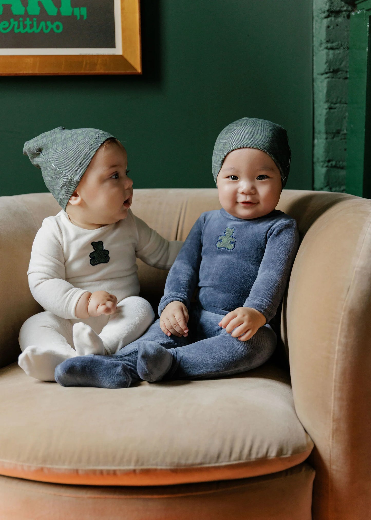 ELY'S & CO IVORY/BLUE VELOUR PLAID BEAR FOOTIE + BEANIE