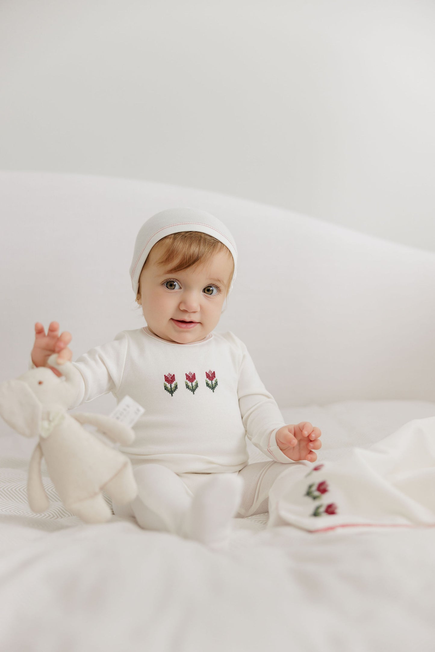 AURORA IVORY/PINK CROSS STITCH TULIP FOOTIE + BEANIE