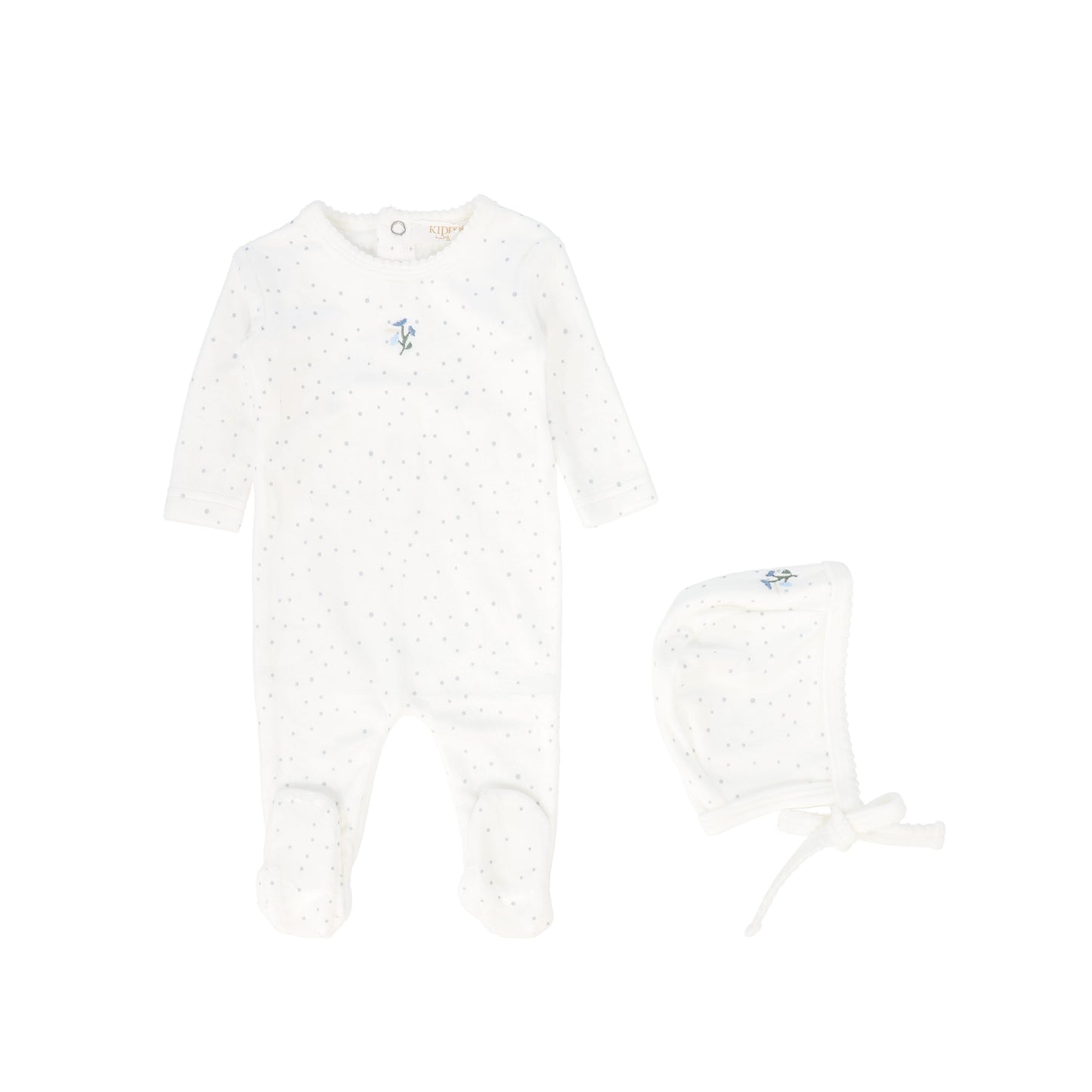 KIPP BLUE DOTTED FLOWER PATCH FOOTIE + BONNET