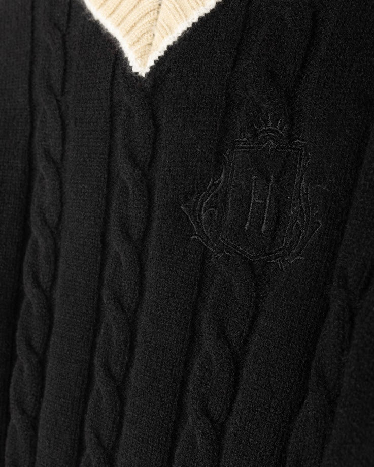 HARPER JAMES BLACK CHUNKY CABLE KNIT EMBLEM SWEATER