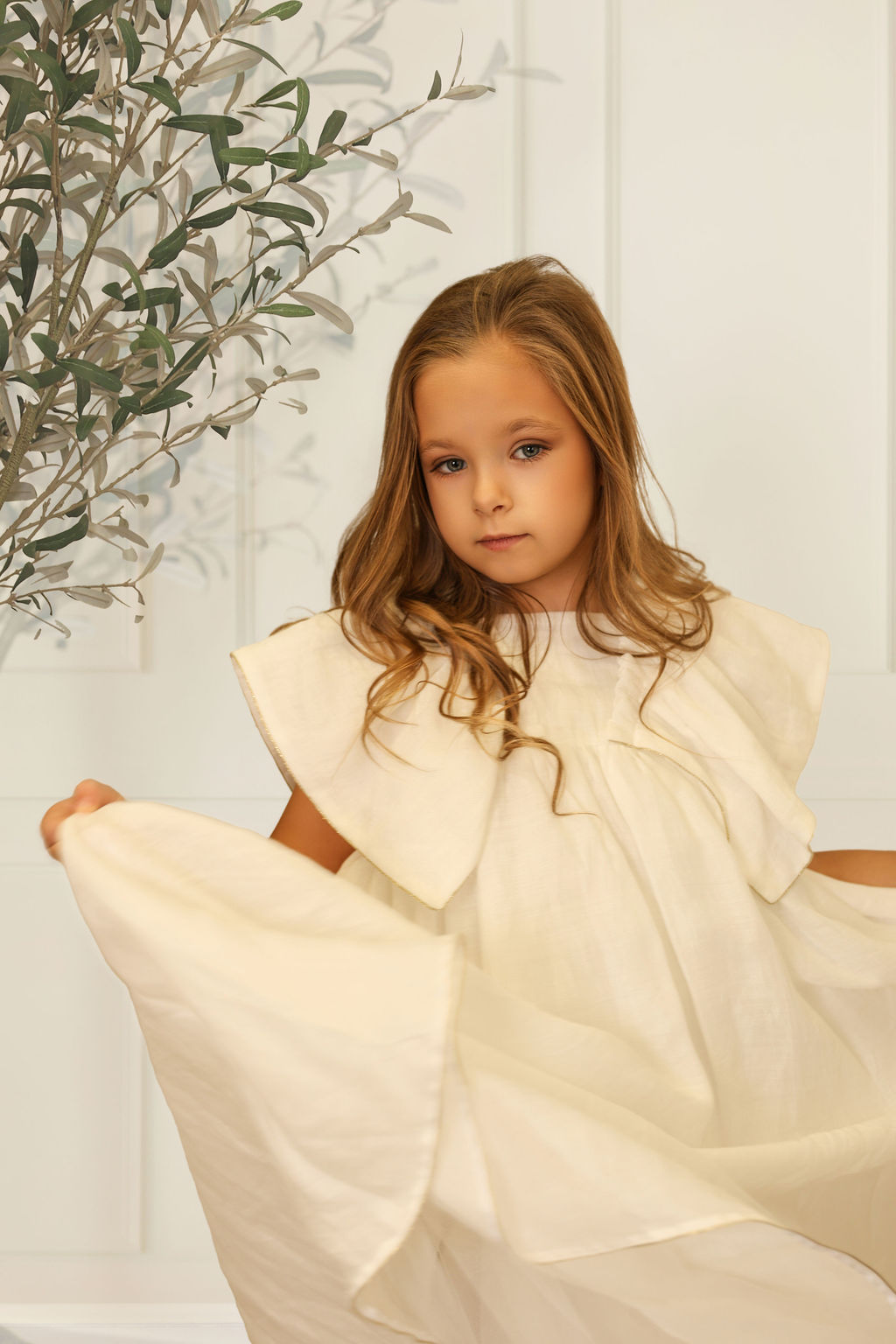 FRANCESCA GUILIANO CREAM EMBOSSED FLOWER HIGH WAIST FLUTTER SLEEVE GOWN