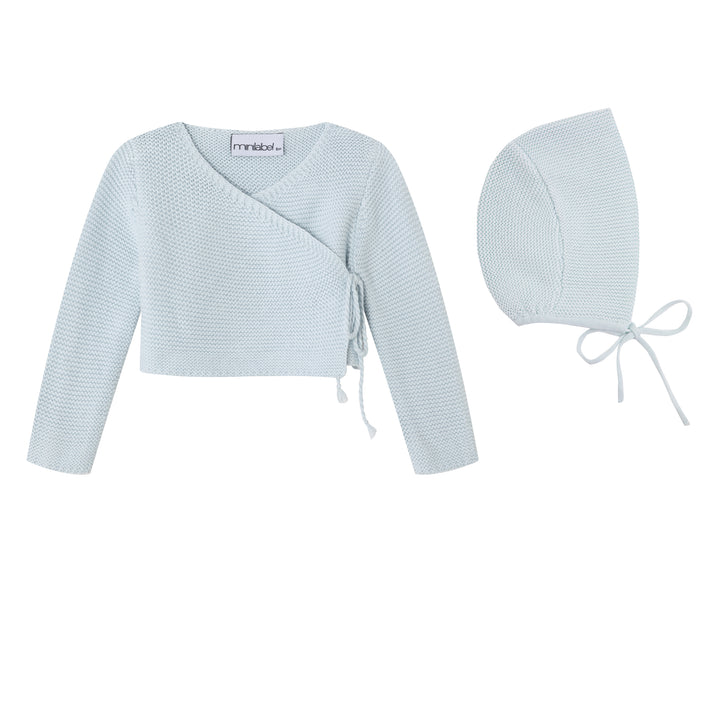 MINI LABEL BLUE KNIT WRAP CARDIGAN + BONNET