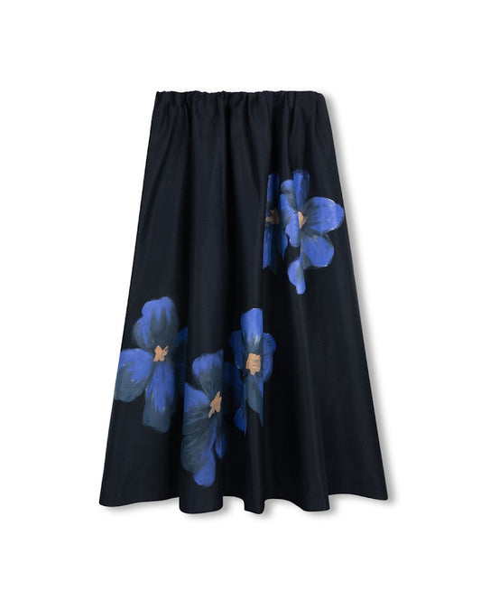 TUSTELLO NAVY WATERCOLOR FLOWER MIDI SKIRT
