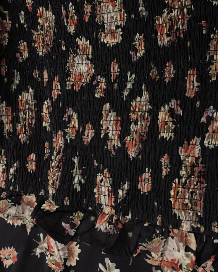 MINIMAL BLACK FLORAL PRINT SMOCKED DRESS